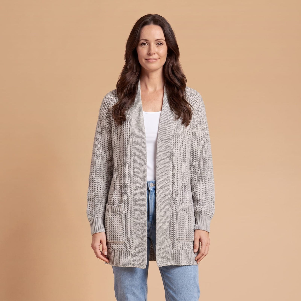 Long Open Front Cardigan with Pockets, Textured Knit 1