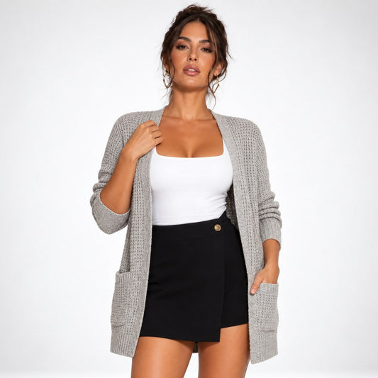 Long Open Front Cardigan with Pockets, Textured Knit 1