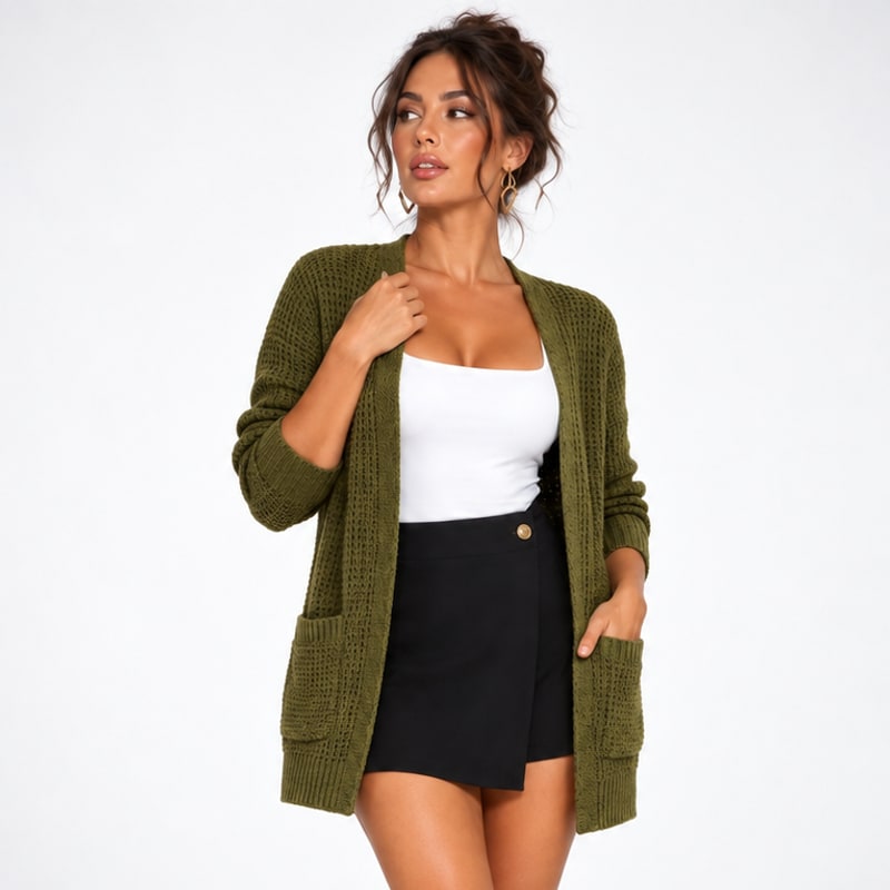 Long Open Front Cardigan with Pockets, Textured Knit 6