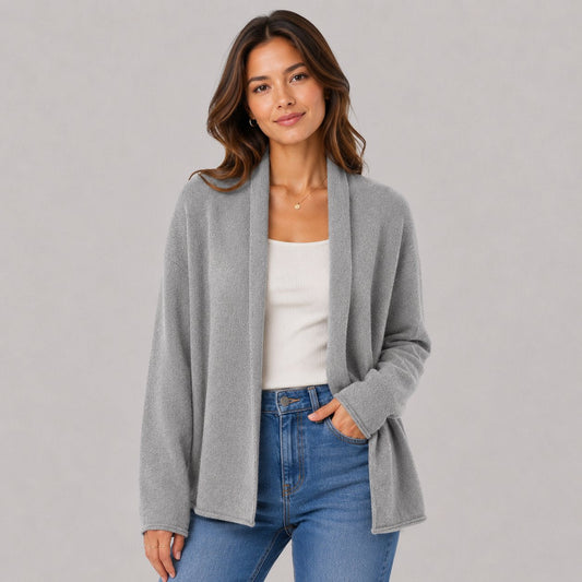 Relaxed Open Cardigan in Grey - worn by a model, front view