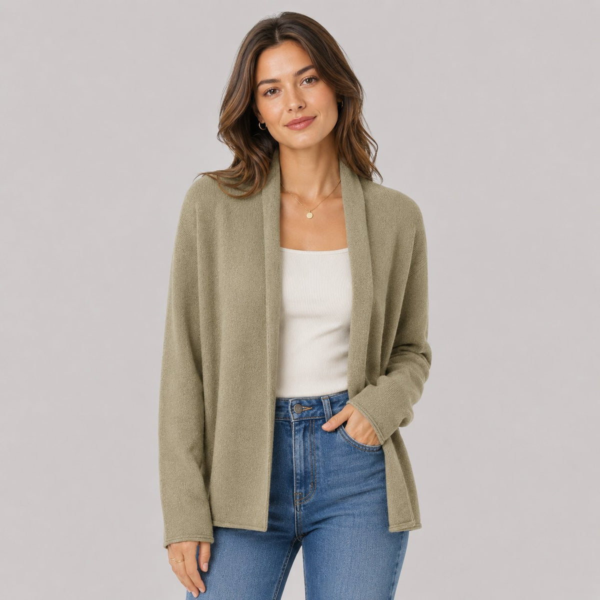 Relaxed Open Cardigan in Olive Green - worn by a model, front view