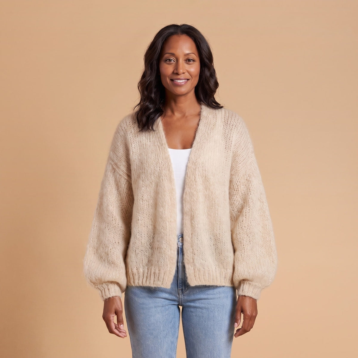 Open Front Knit Cardigan with Balloon Sleeves, Relaxed Fit 1