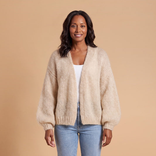 Open Front Knit Cardigan with Balloon Sleeves, Relaxed Fit 1