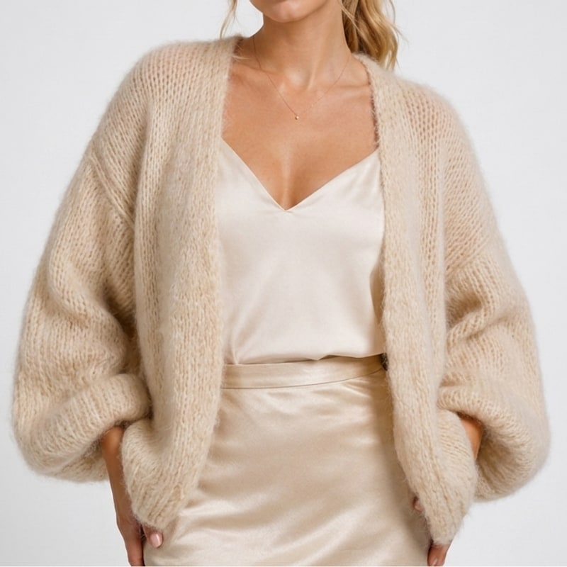 Open Front Knit Cardigan with Balloon Sleeves, Relaxed Fit 3