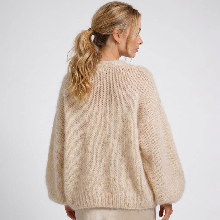 Open Front Knit Cardigan with Balloon Sleeves, Relaxed Fit 4