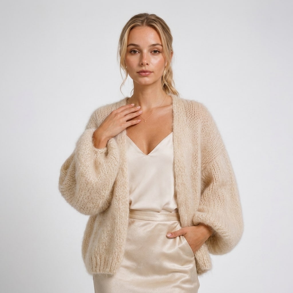Open Front Knit Cardigan with Balloon Sleeves, Relaxed Fit 7