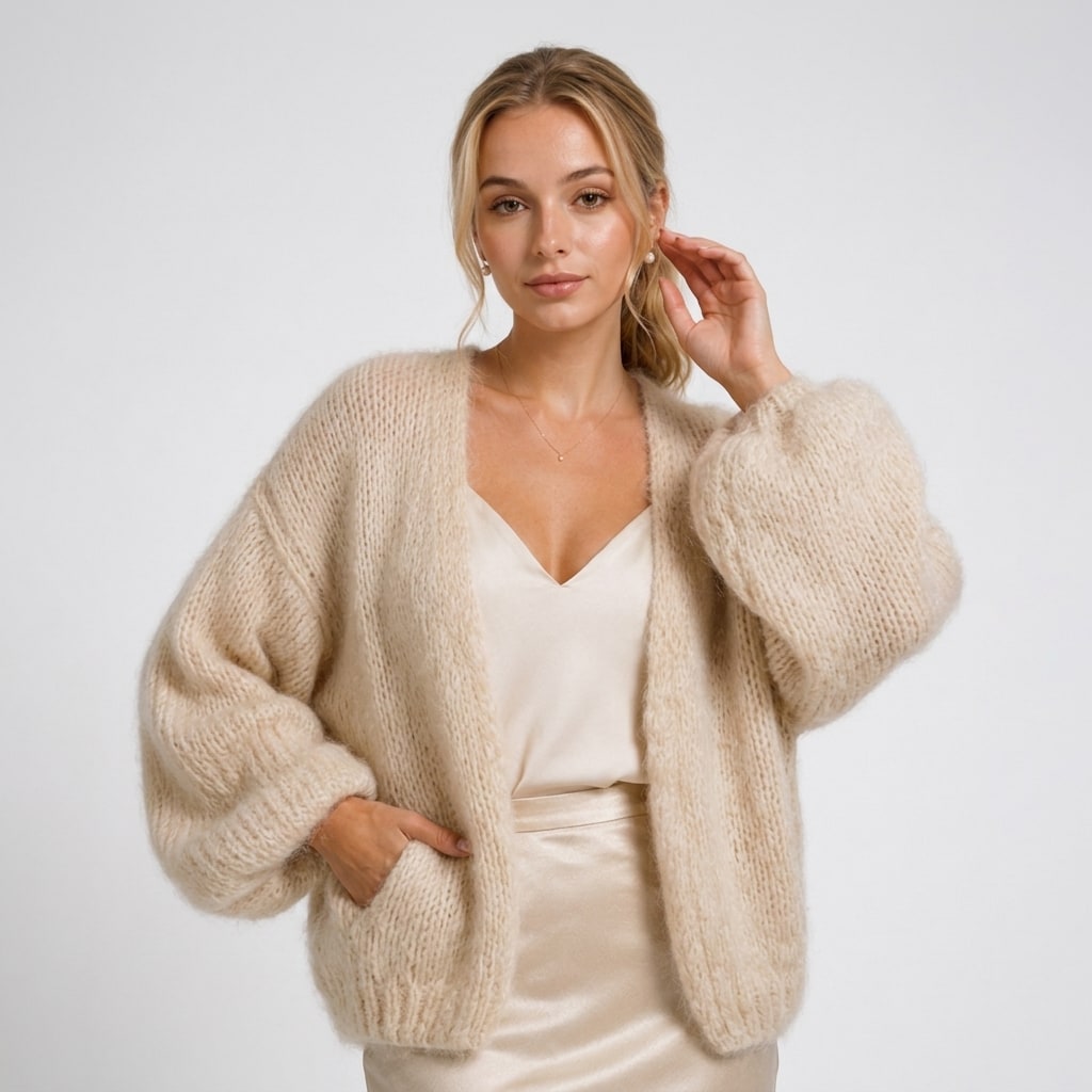 Open Front Knit Cardigan with Balloon Sleeves, Relaxed Fit 8