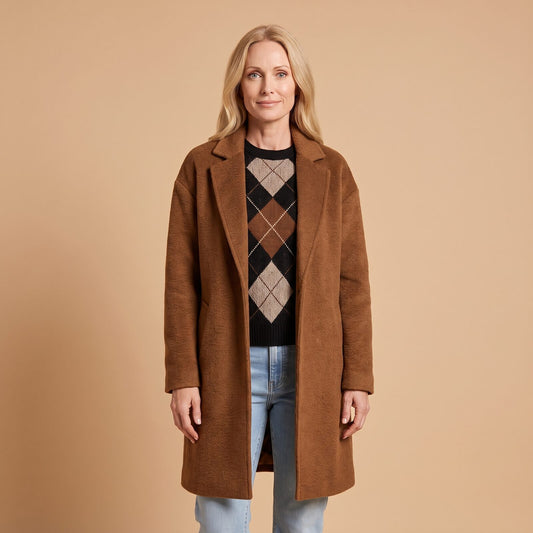 Retro Argyle Knit Jumper in Brown - front view