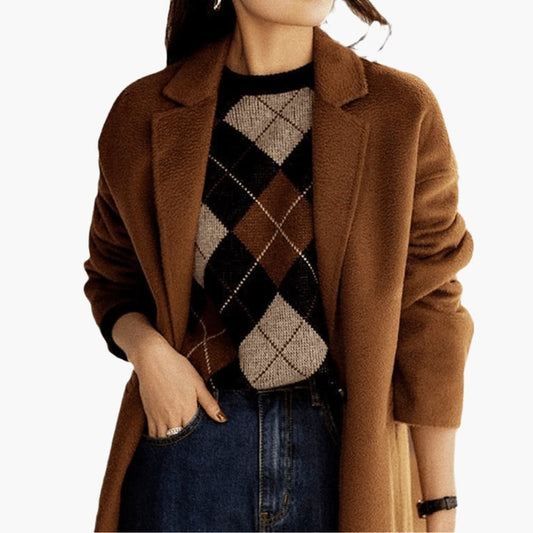 Retro Argyle Knit Jumper in Brown - worn by a model, front view