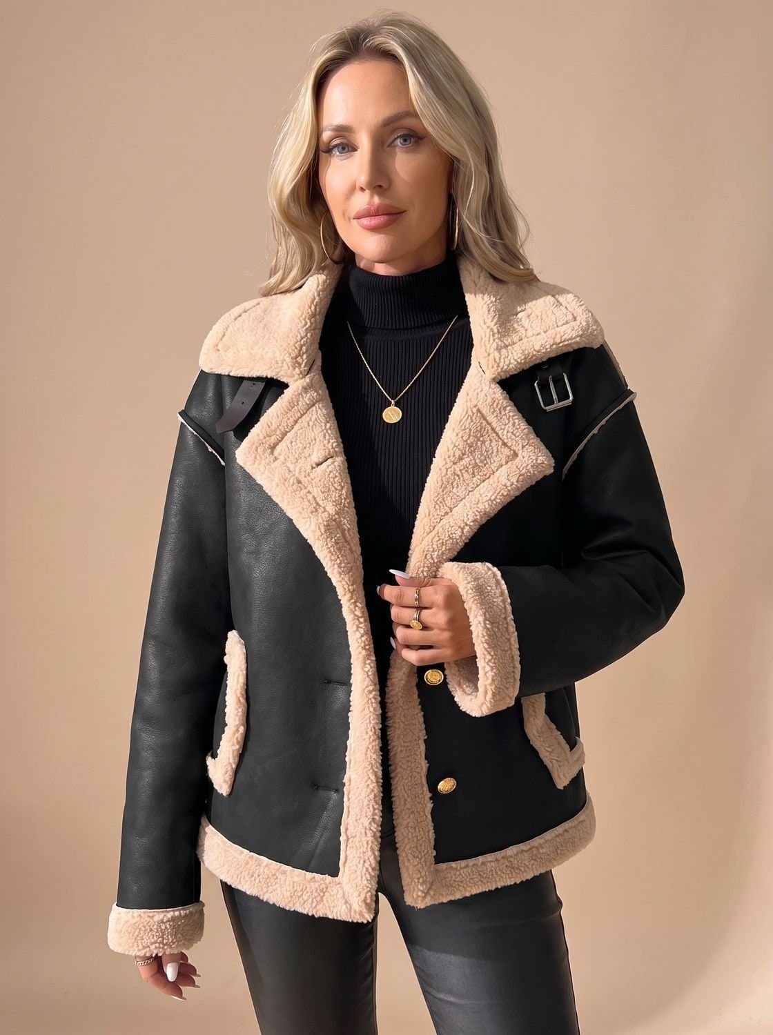 Sherpa Lined Faux Leather Aviator Jacket, Shearling Jacket 5