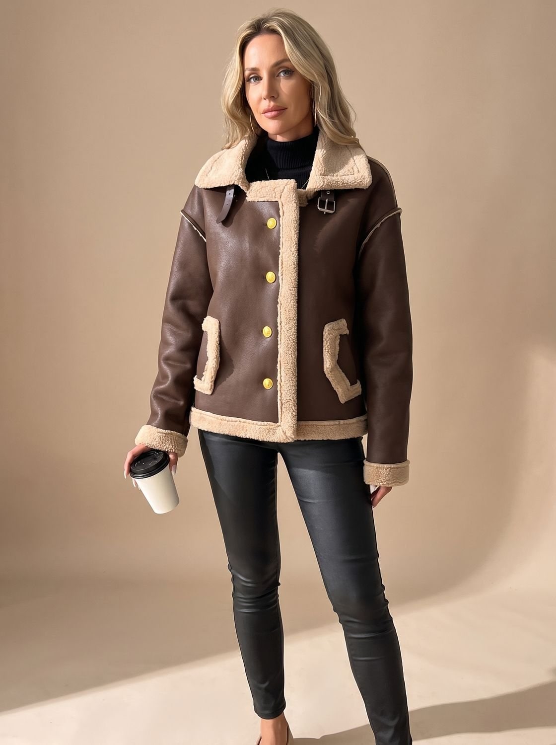 Sherpa Lined Faux Leather Aviator Jacket, Shearling Jacket 7
