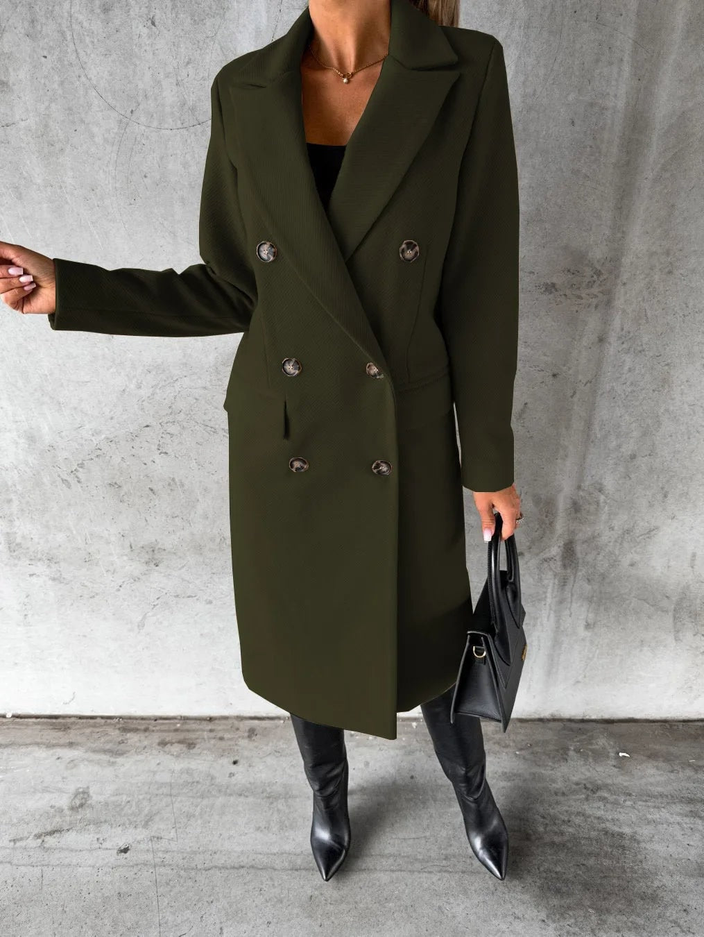 Sibilla Longline Pea Coat in Army Green - worn by a model, front view