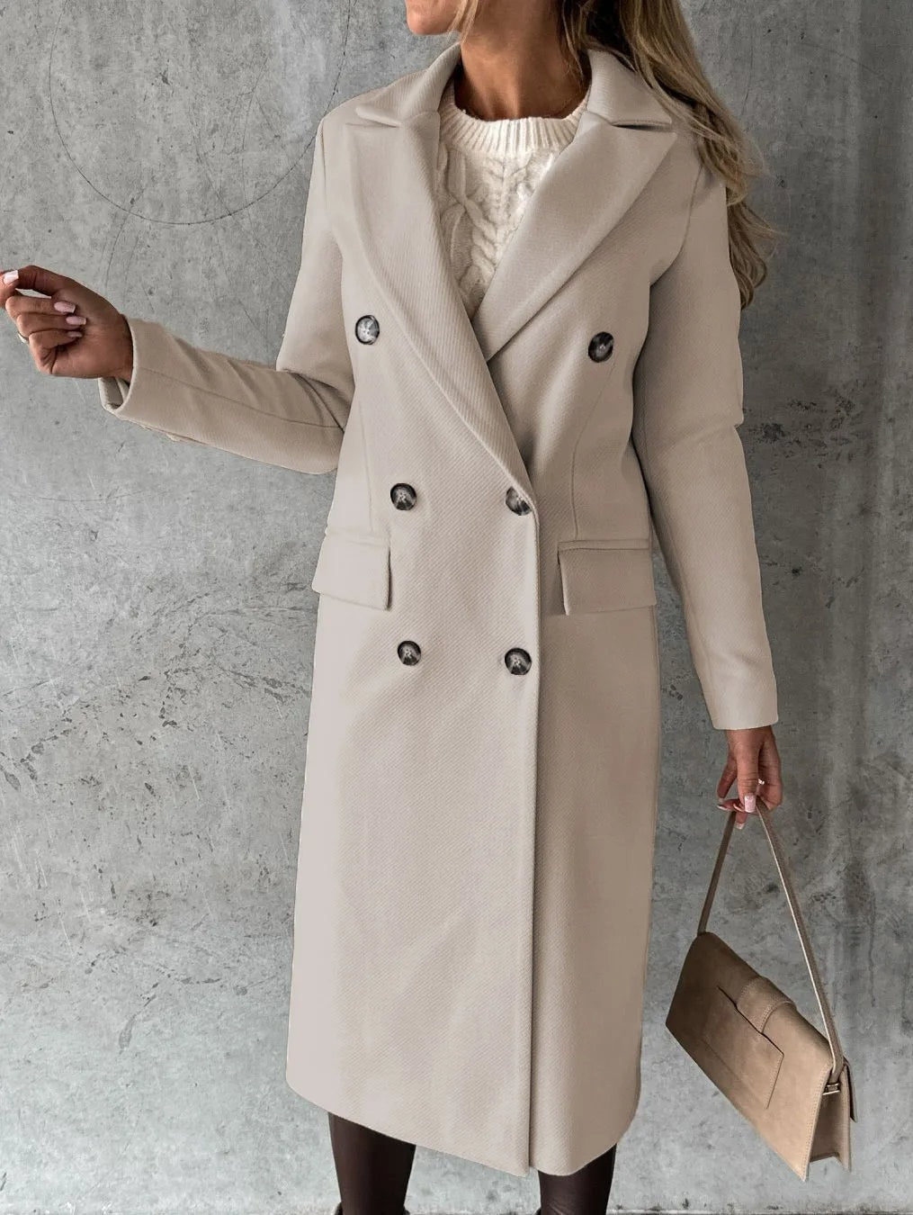 Sibilla Longline Pea Coat in Beige - worn by a model, front view