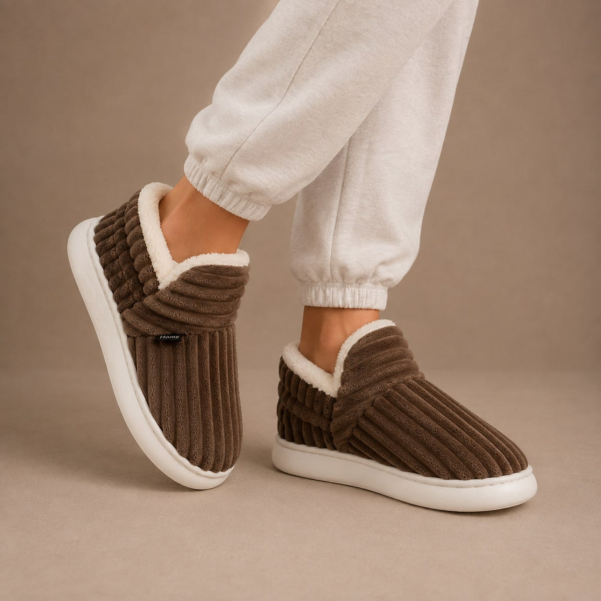 Brown ribbed fleece lined slippers 2