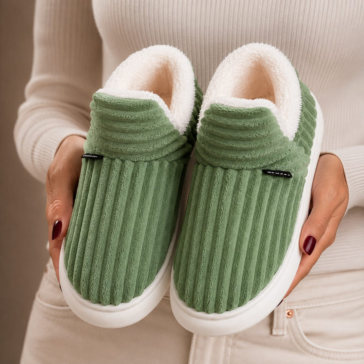 Green ribbed fleece lined slippers 3