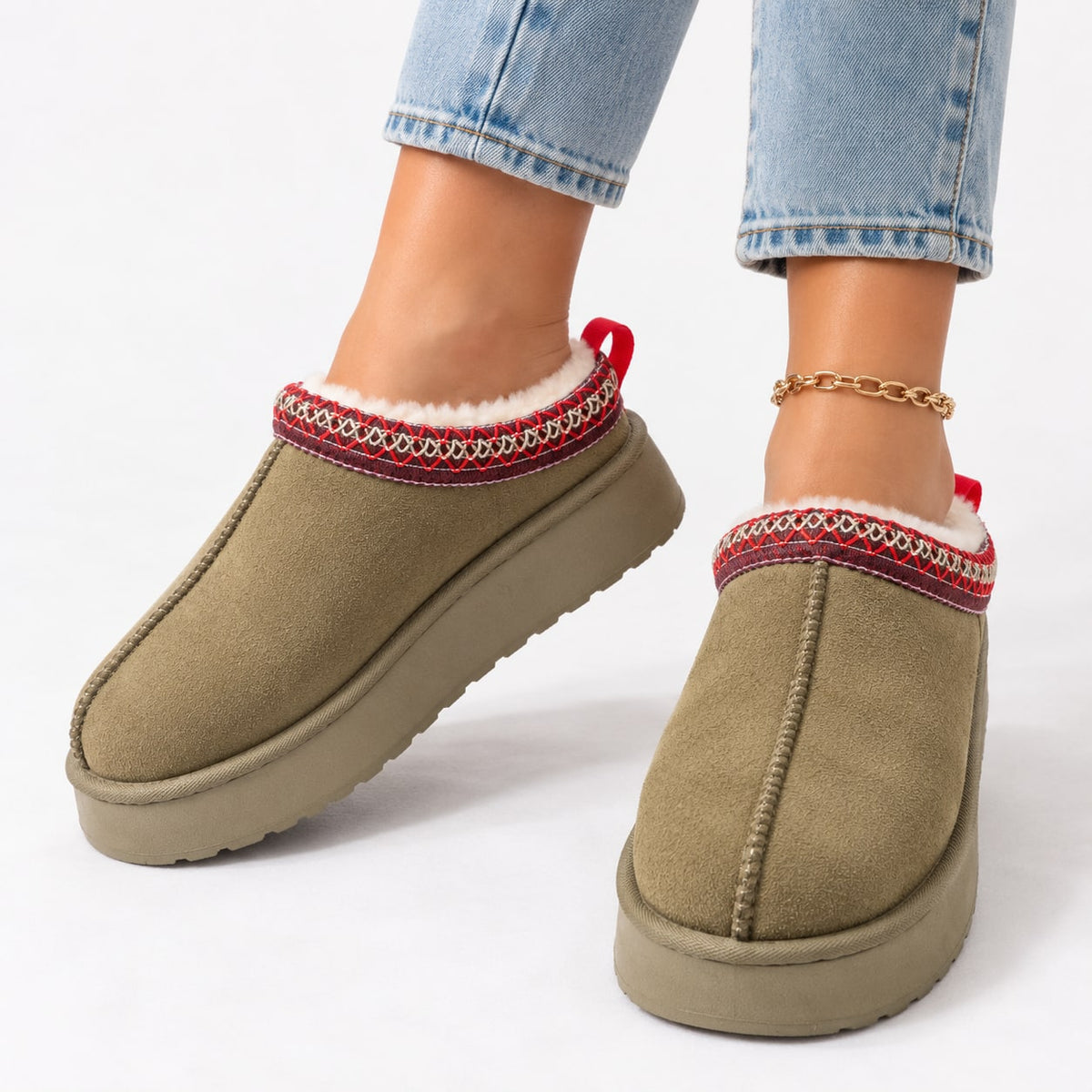 Green warm lined platform slippers worn with jeans 1