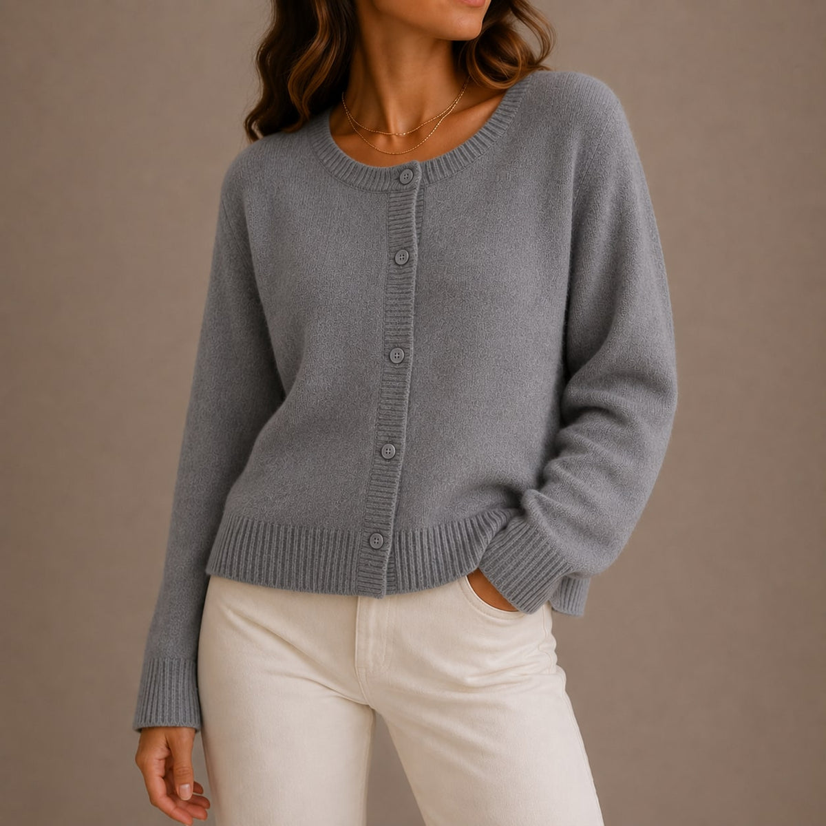 Crew Neck Knit Cardigan, Soft Button Front with Ribbed Trims 2
