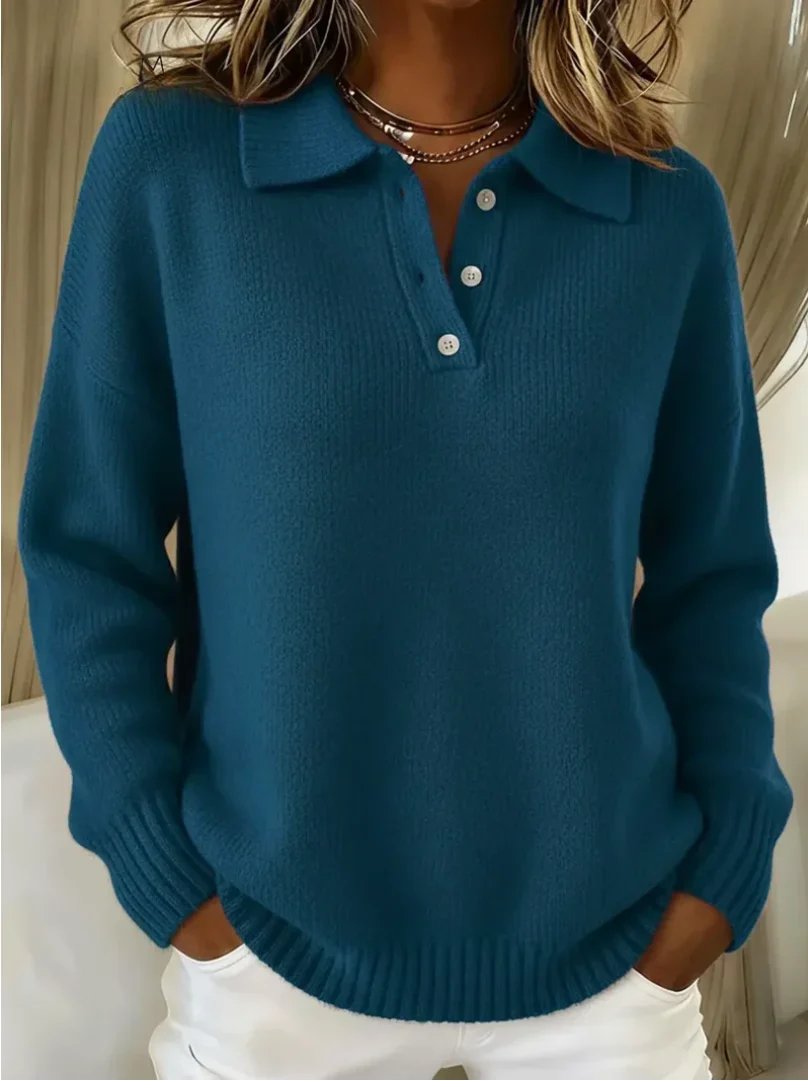 Soft Knit Polo Sweater in Blue - worn by a model, front view