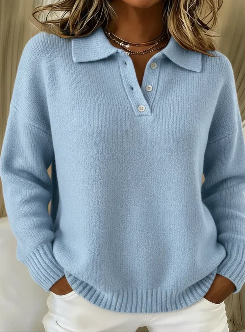 Soft Knit Polo Sweater in Light Blue - worn by a model, front view