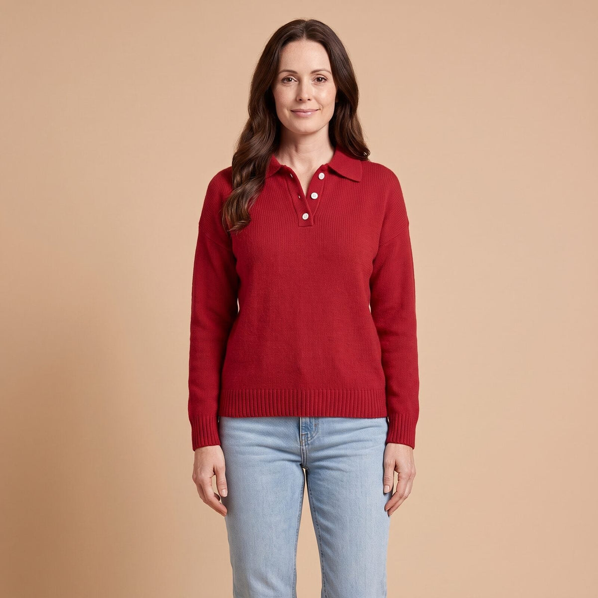 Soft Knit Polo Sweater in Red - front view