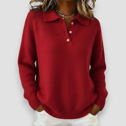 Soft Knit Polo Sweater in Red - worn by a model, front view