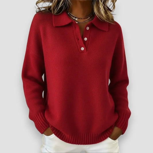 Soft Knit Polo Sweater in Red - worn by a model, front view