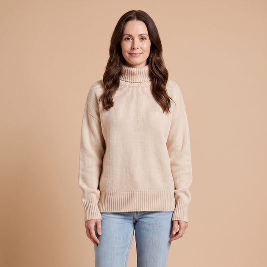 Soft Knit Turtleneck in Beige - front view