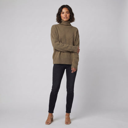 Soft Knit Turtleneck in Brown - worn by a model, front view