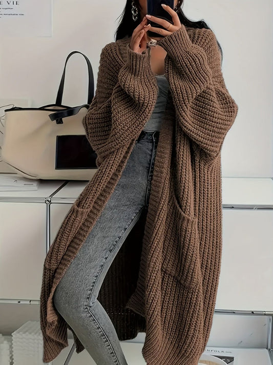 Sophie Longline Cardigan in Brown - worn by a model, front view