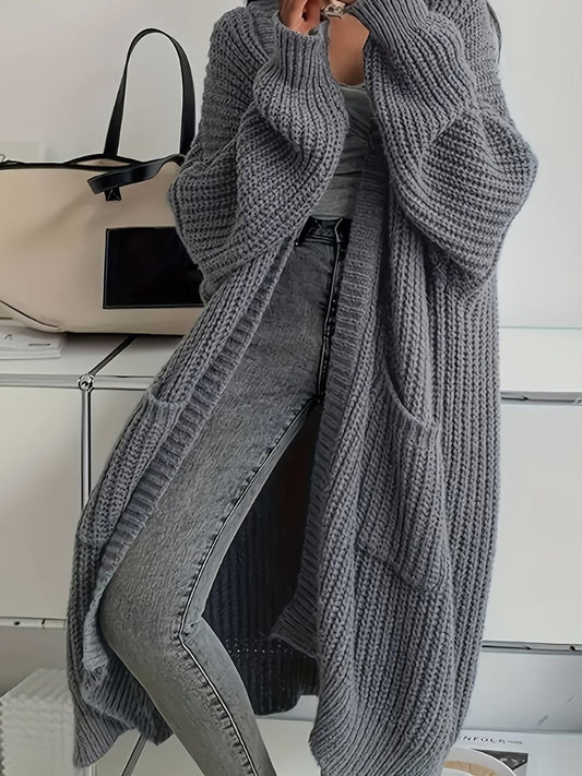 Sophie Longline Cardigan in Grey - worn by a model, front view