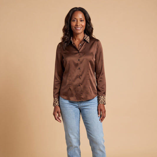 Sora Satin Blouse in Brown - front view