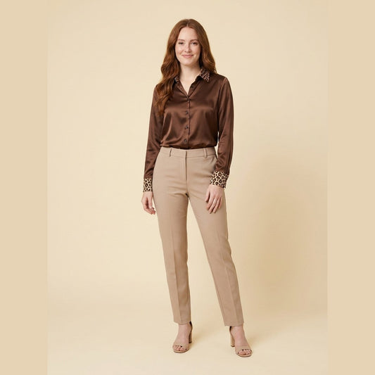 Sora Satin Blouse in Brown - worn by a model, front view
