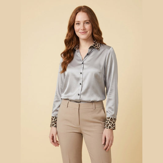 Sora Satin Blouse in Grey - worn by a model, front view
