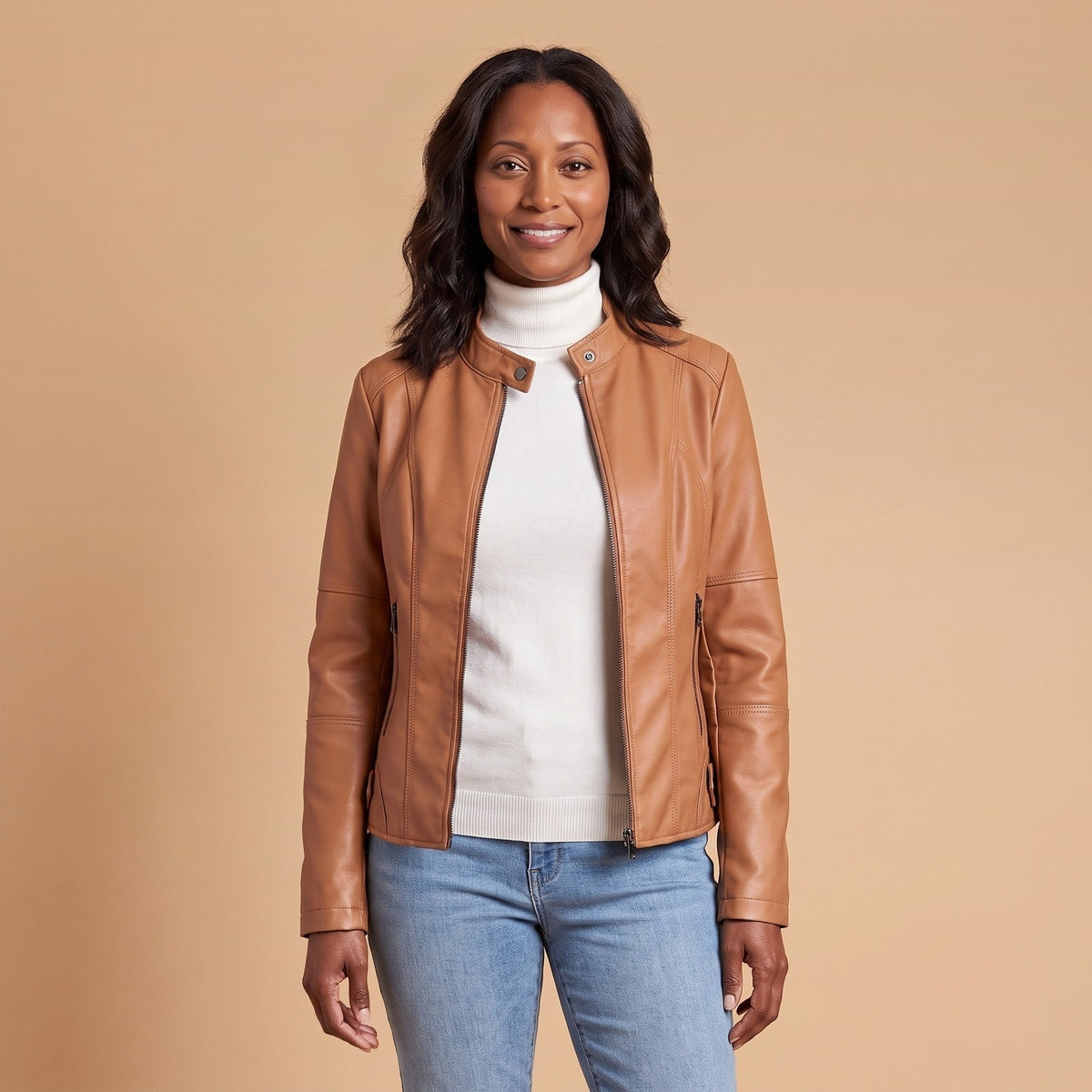Stand Collar Faux Leather Jacket, Fitted Zip Up Moto Jacket 1