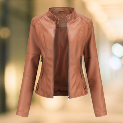 Stand Collar Faux Leather Jacket, Fitted Zip Up Moto Jacket 2