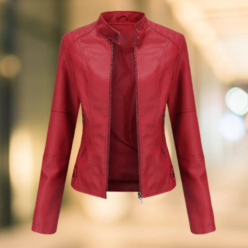 Stand Collar Faux Leather Jacket, Fitted Zip Up Moto Jacket 3