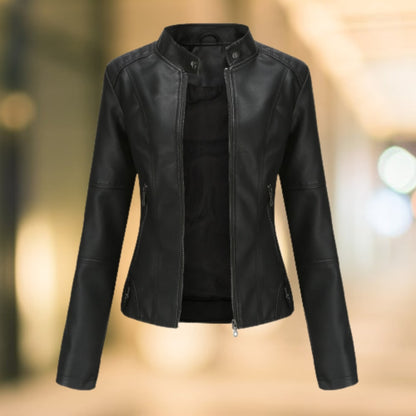 Stand Collar Faux Leather Jacket, Fitted Zip Up Moto Jacket 4