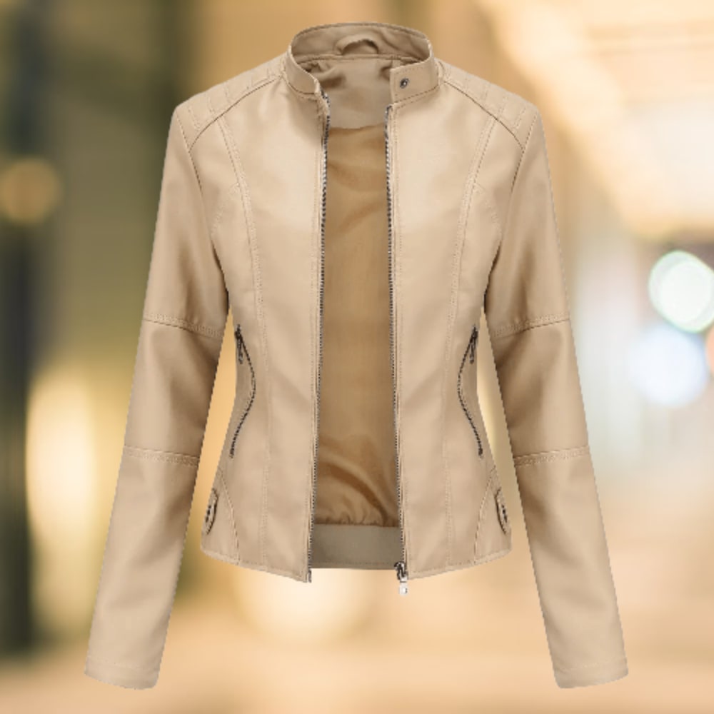 Stand Collar Faux Leather Jacket, Fitted Zip Up Moto Jacket 5