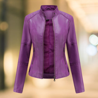 Stand Collar Faux Leather Jacket, Fitted Zip Up Moto Jacket 6