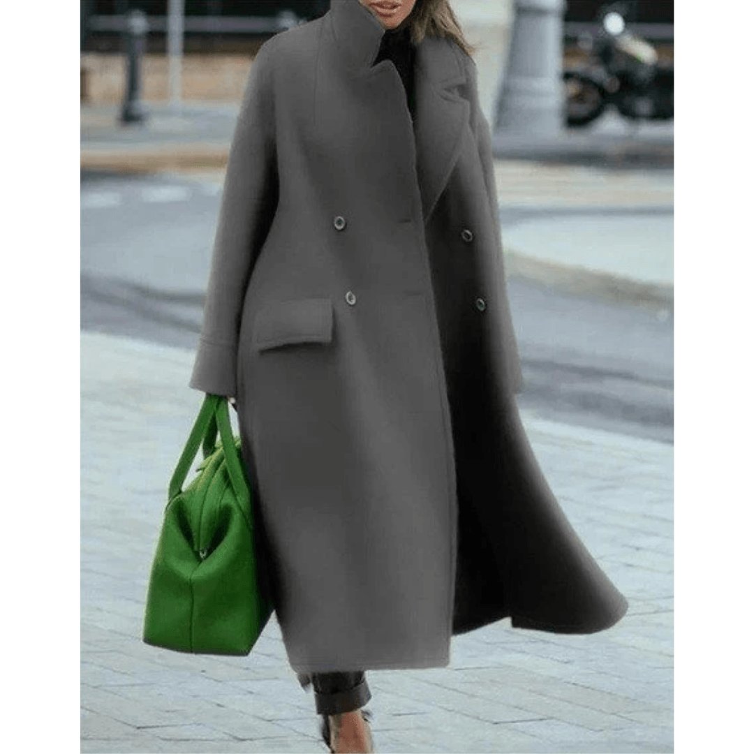 Stand Collar Maxi Coat in Gray - worn by a model, front view