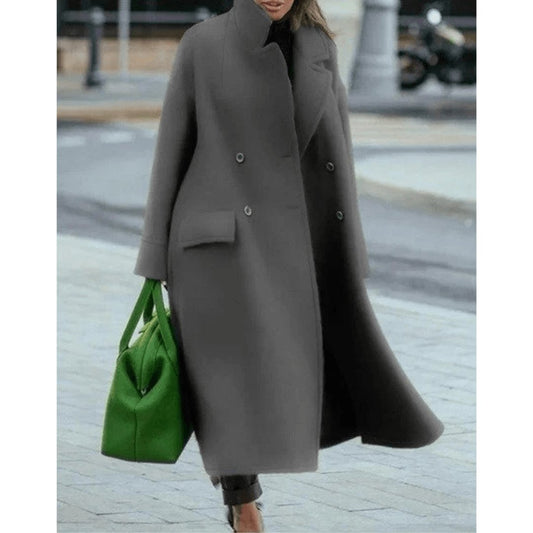 Stand Collar Maxi Coat in Gray - worn by a model, front view