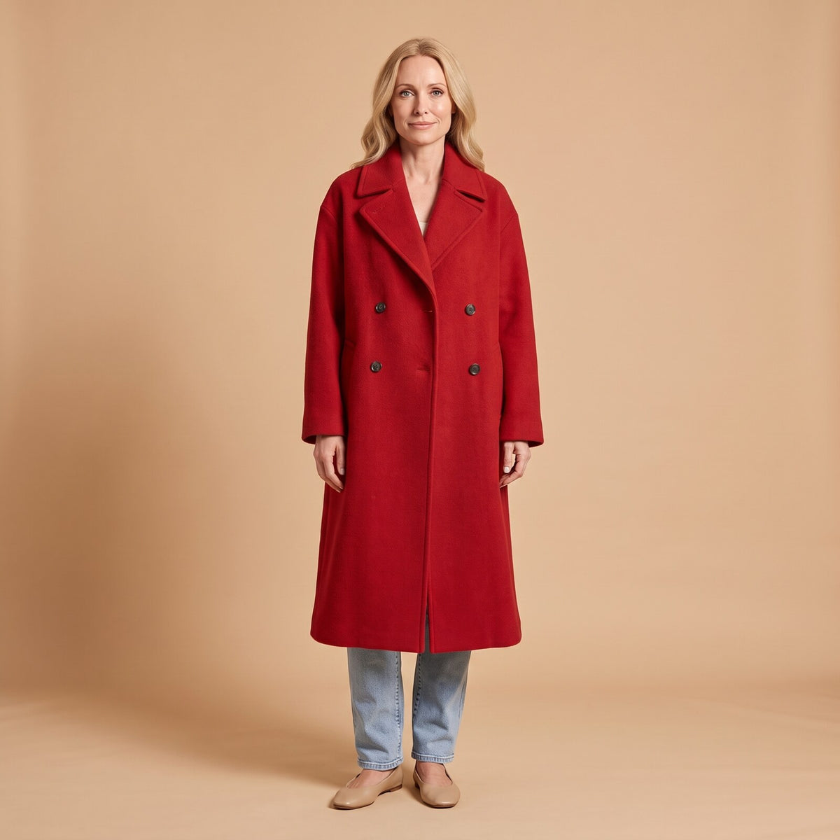 Stand Collar Maxi Coat in Red - front view