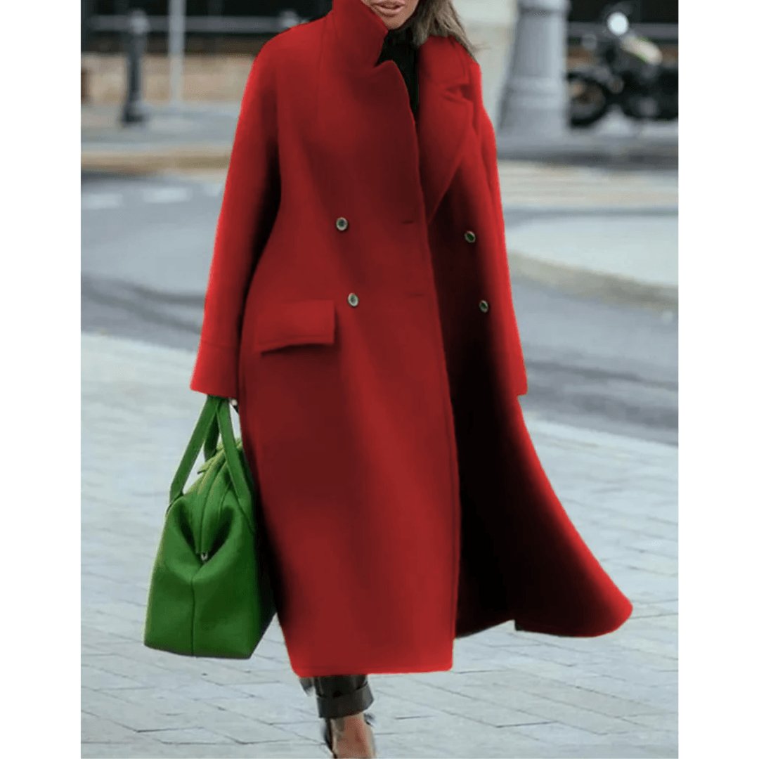 Stand Collar Maxi Coat in Red - worn by a model, front view