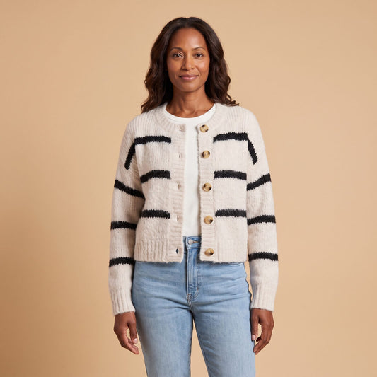 Striped Button Front Cardigan in White - front view