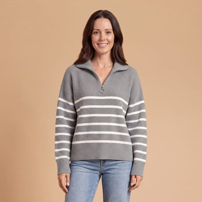 Striped Quarter Zip Sweater, Relaxed Ribbed Knit Pullover 1