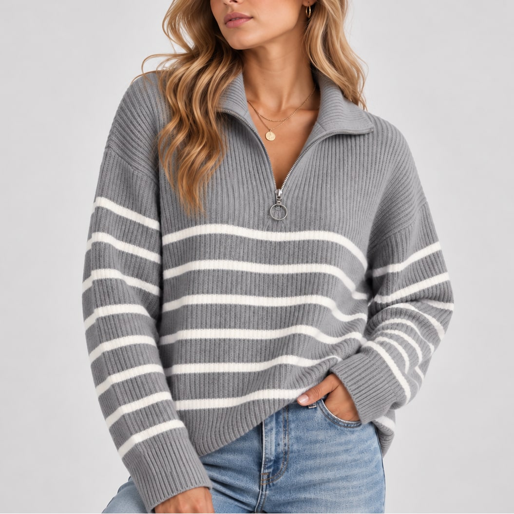 Striped Quarter Zip Sweater, Relaxed Ribbed Knit Pullover 2