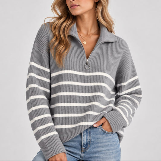 Striped Quarter Zip Sweater, Relaxed Ribbed Knit Pullover 2