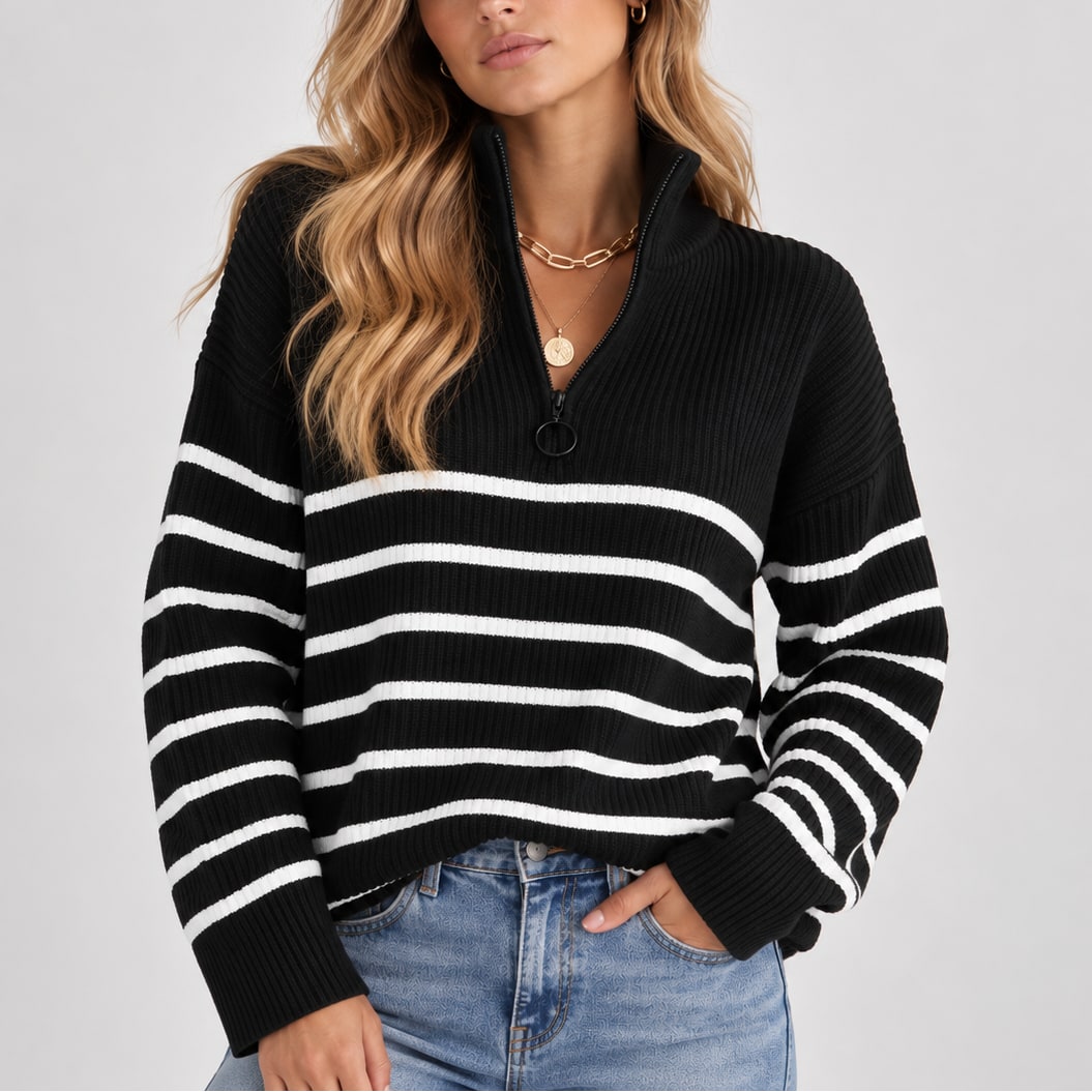Striped Quarter Zip Sweater, Relaxed Ribbed Knit Pullover 3