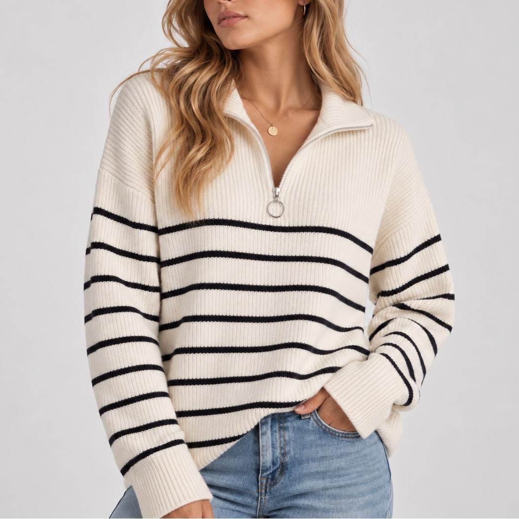 Striped Quarter Zip Sweater, Relaxed Ribbed Knit Pullover 4