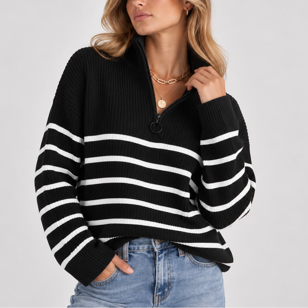 Striped Quarter Zip Sweater, Relaxed Ribbed Knit Pullover 5